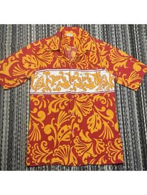 VINTAGE 70s Barefoot Paradise Shirt Mens Sz S Hawaiian Tiki Red Orange Palm Leaf